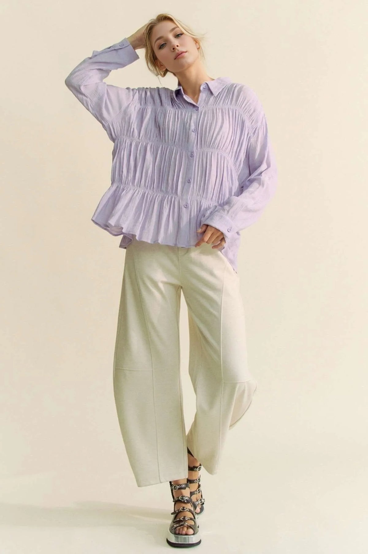 Davi & Dani Ruched All Over Button Front Shirt - Lilixa.store