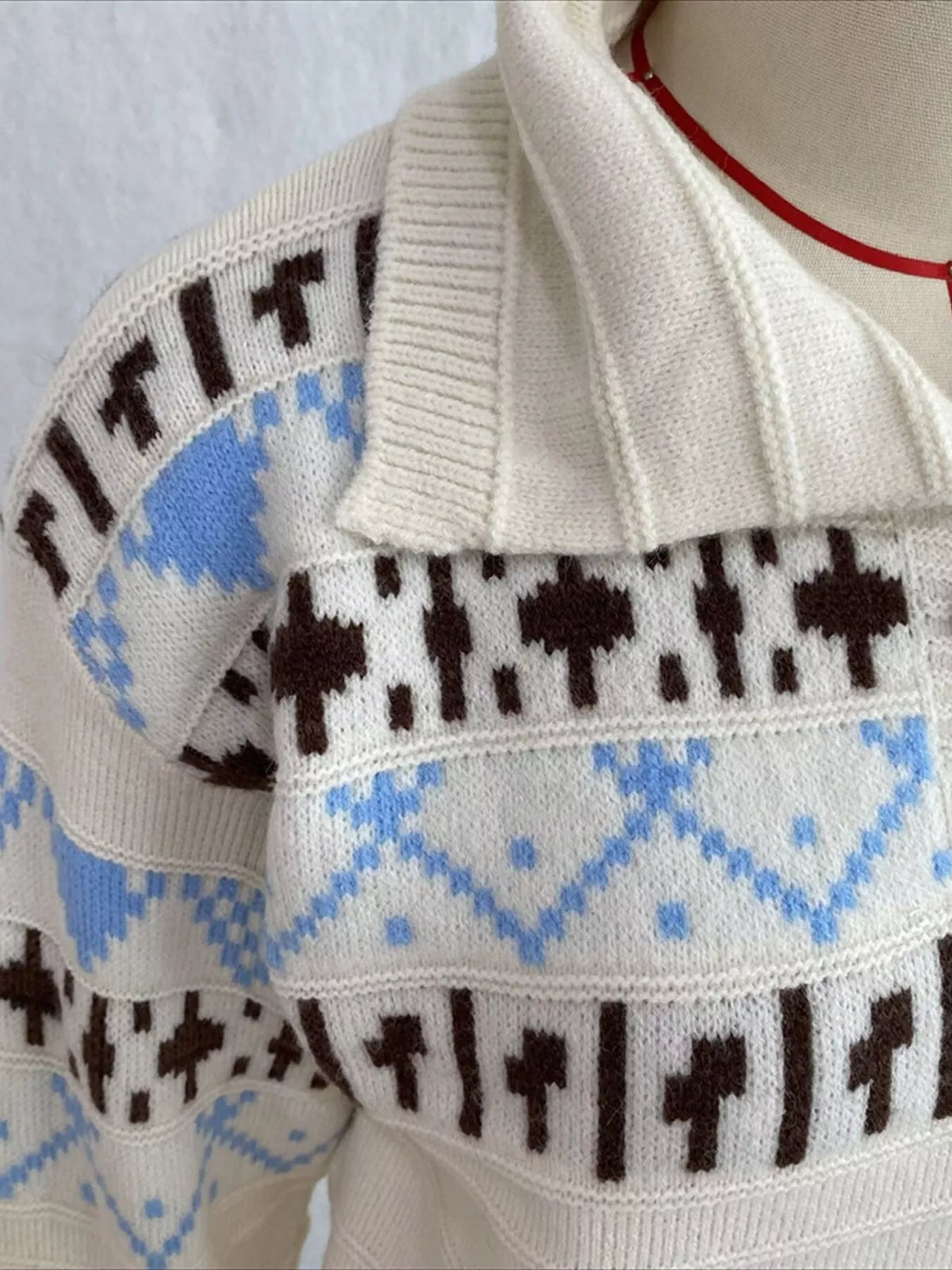 Vintage-Inspired Fair Isle Patterned Polo Sweater, view 6