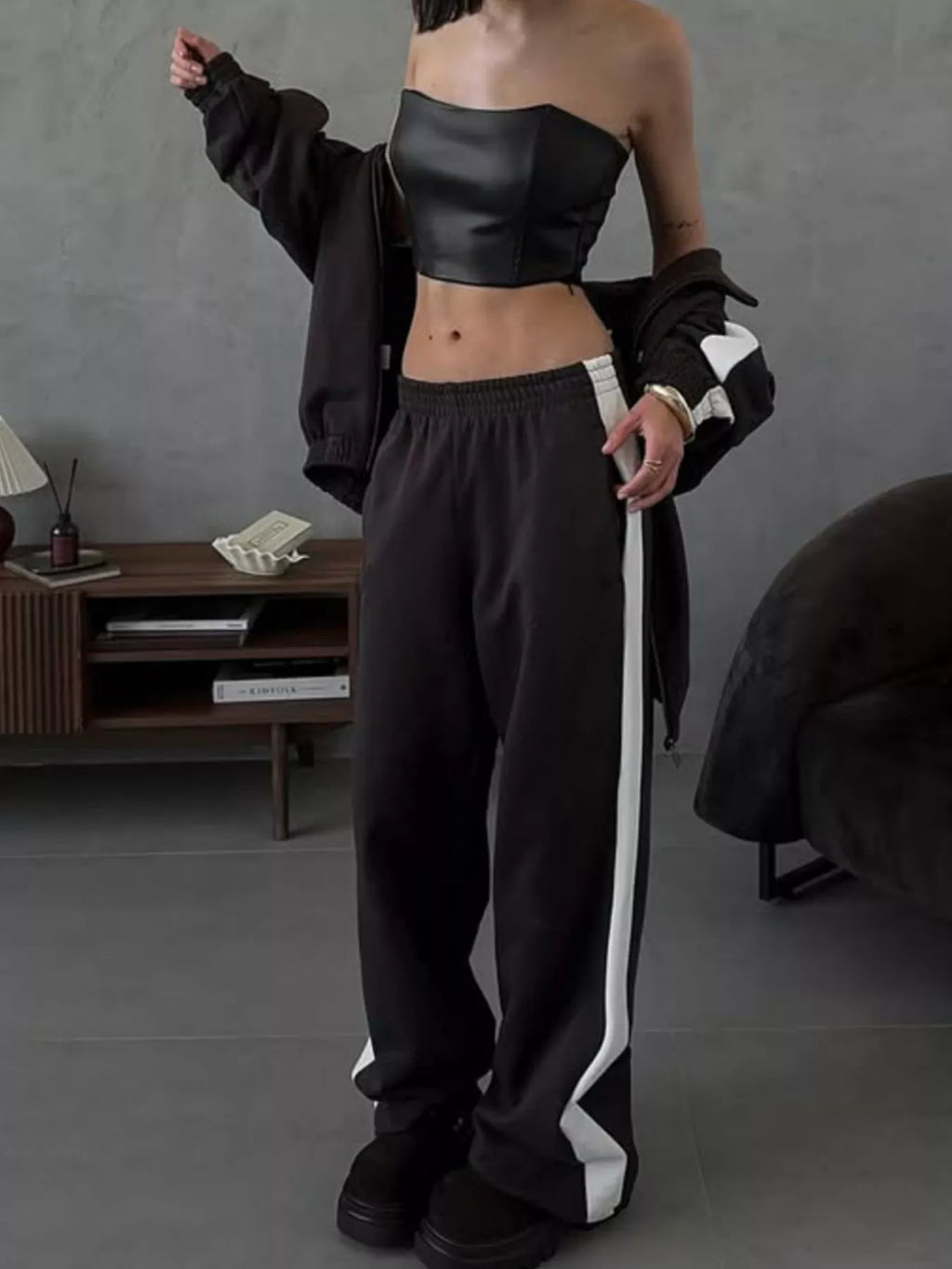 Contrast Side Stripe Zip Up Top and Pants Set - Lilixa.store