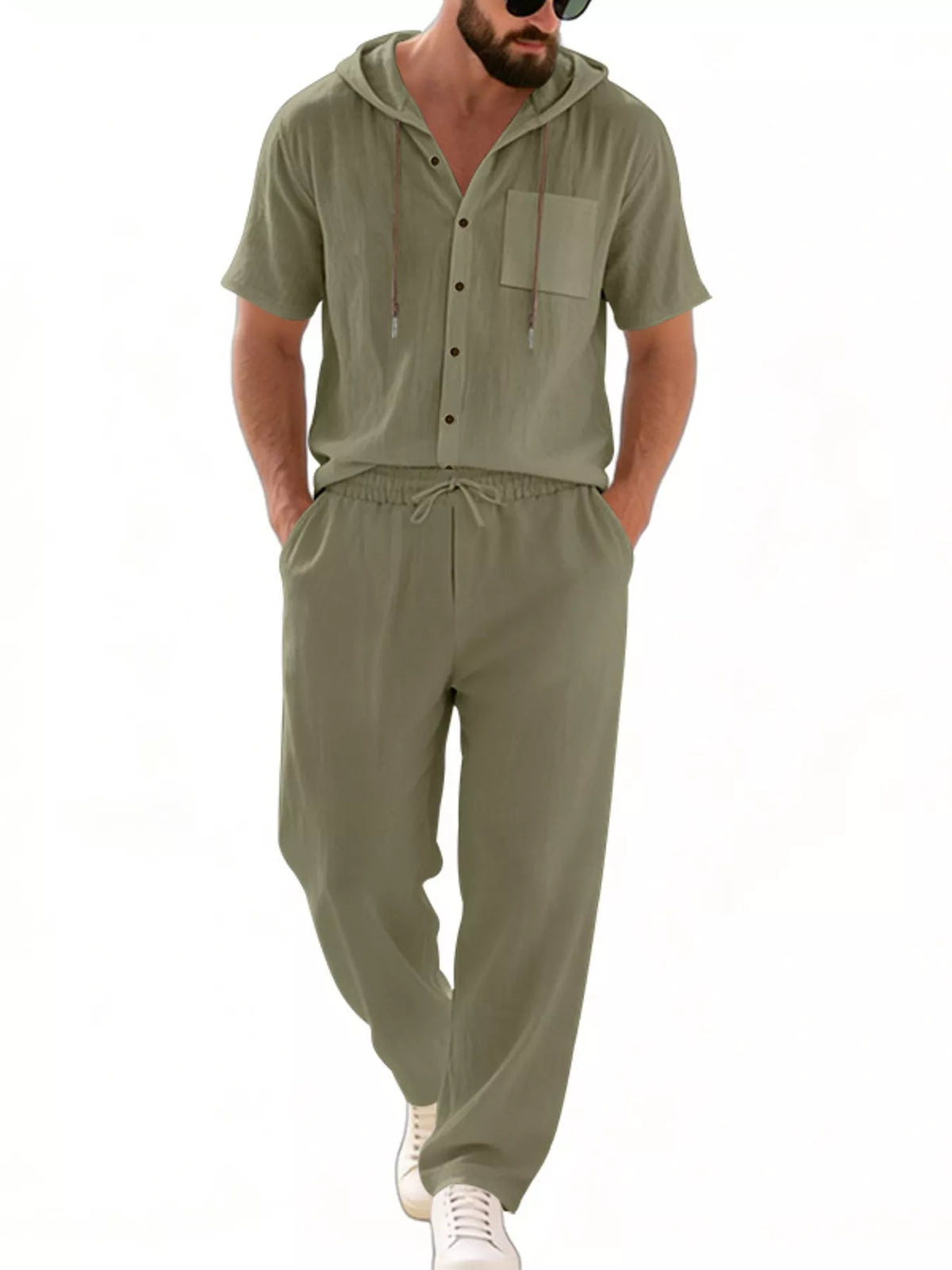 Men's Full Size Casual Hooded Short Sleeve Shirt and Pants Two-Piece Set Plus Size - Lilixa.store