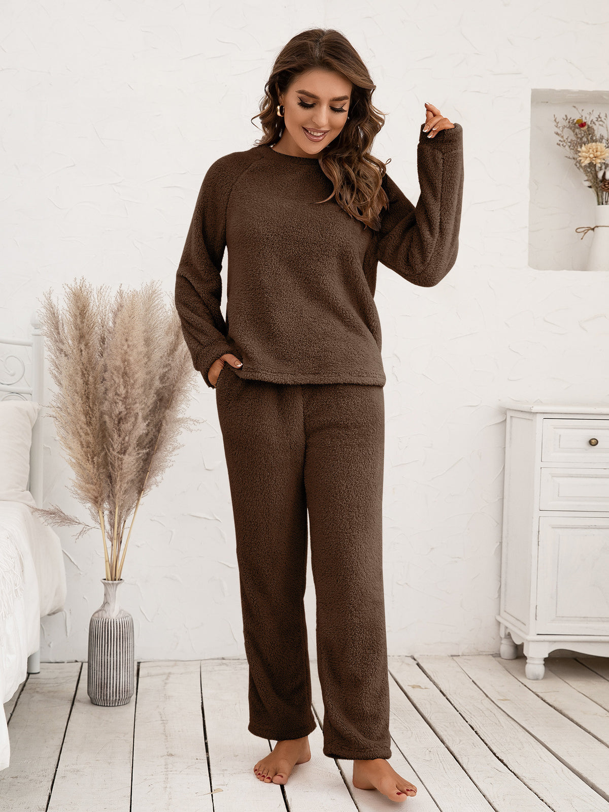 Ivy Lane Teddy Long Sleeve Top and Pants Lounge Set - Lilixa.store