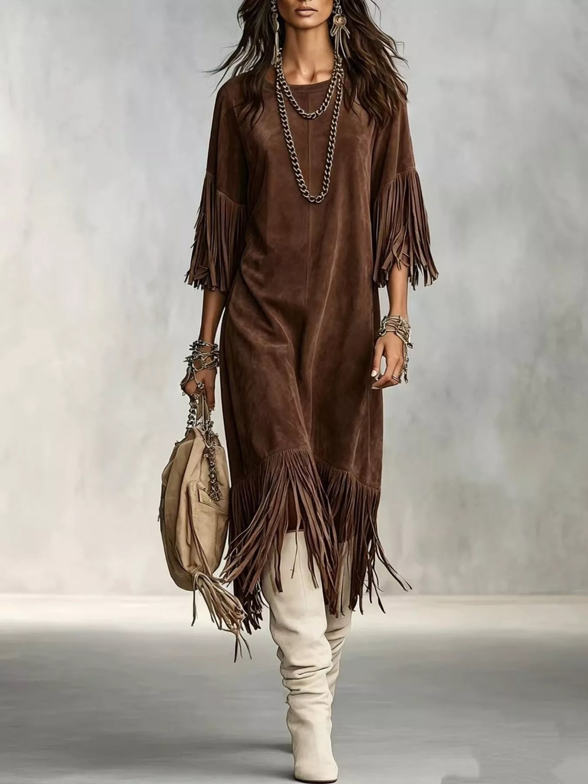 Fringed Round Neck Midi Dress - Lilixa.store