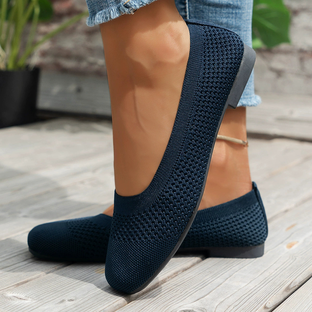 Square Toe Solid Color Mesh Slip-Ons, view 4