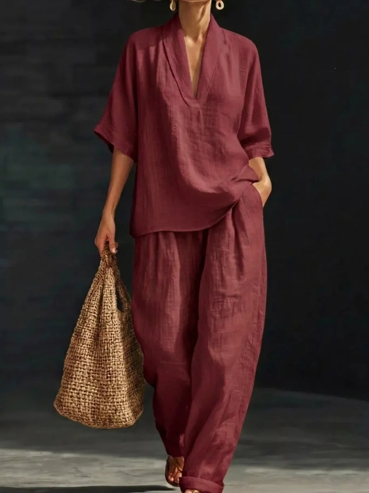 Full Size Half Sleeve Top and Wide Leg Pants Set Plus Size