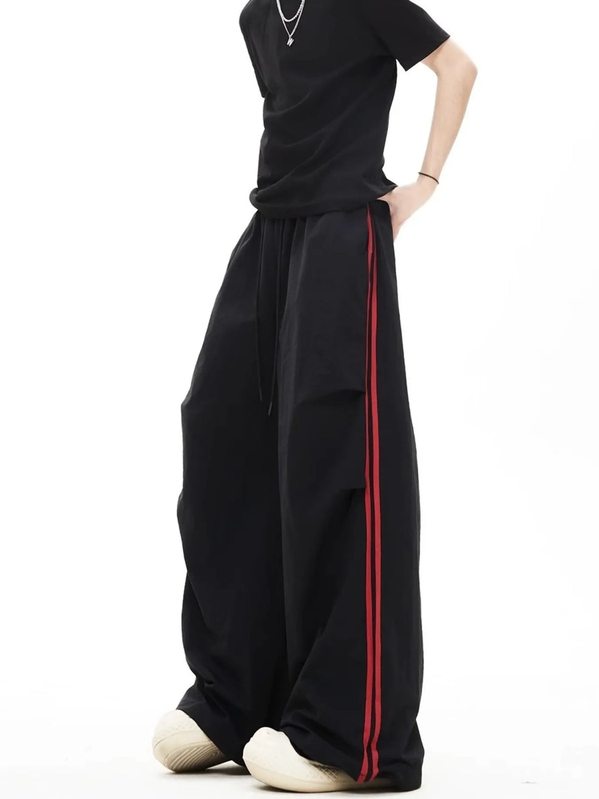 Men's Wide-Leg Pants with Side Stripes in Black, view 2