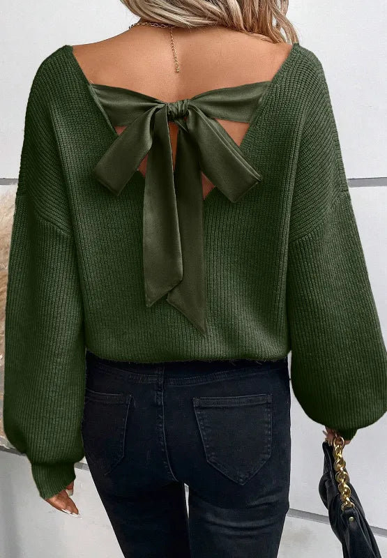 Tied Back V-Neck Long Sleeve Sweater - Lilixa.store