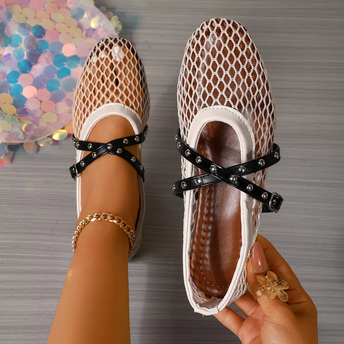 Hollow-Out Studded Slip-Ons - Lilixa.store