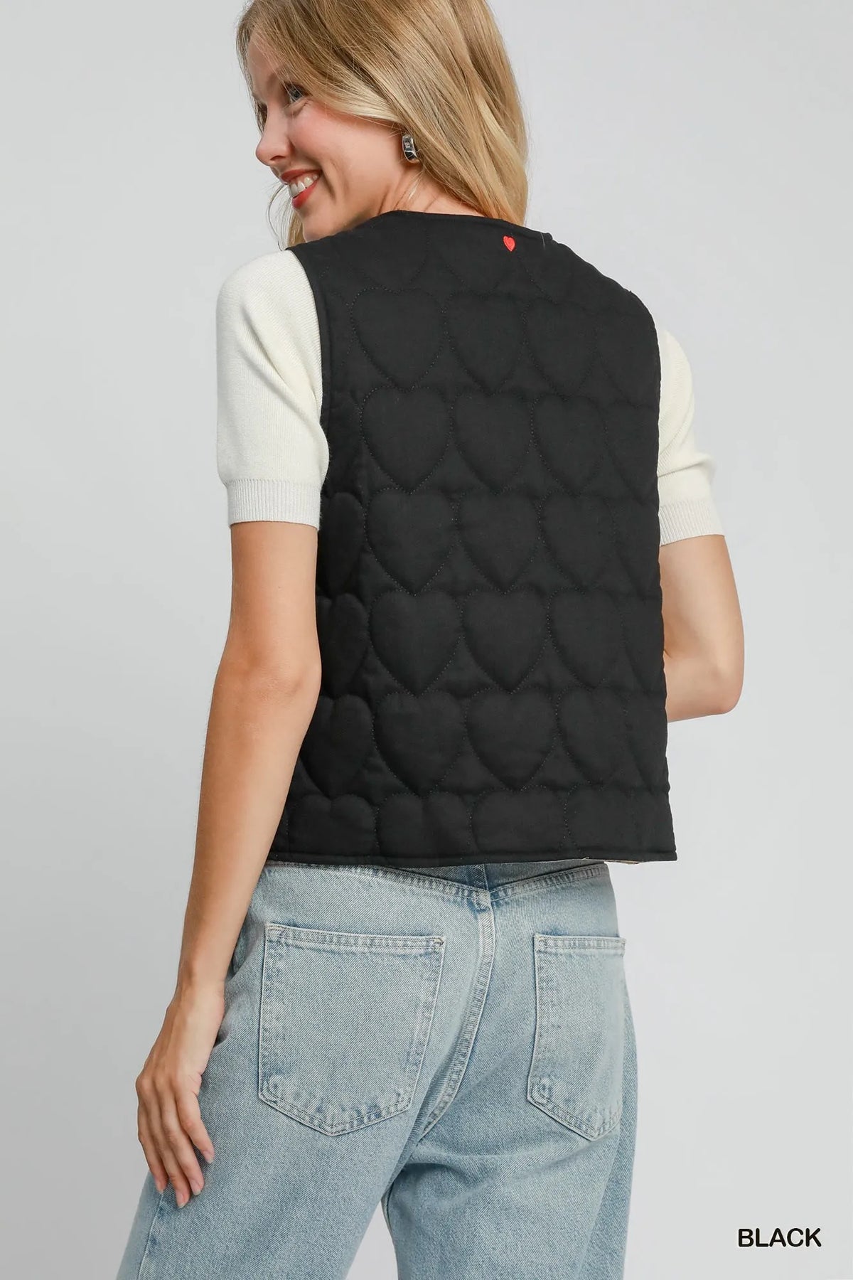 Umgee Heart Quilted Tie-Front Vest in Black, view 3
