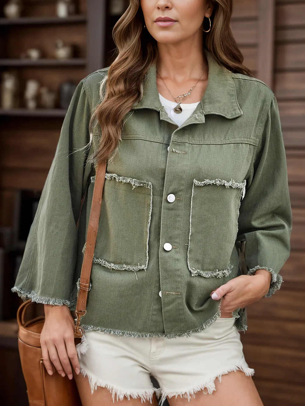 Raw Hem Button Up Denim Jacket in Moss, view 3