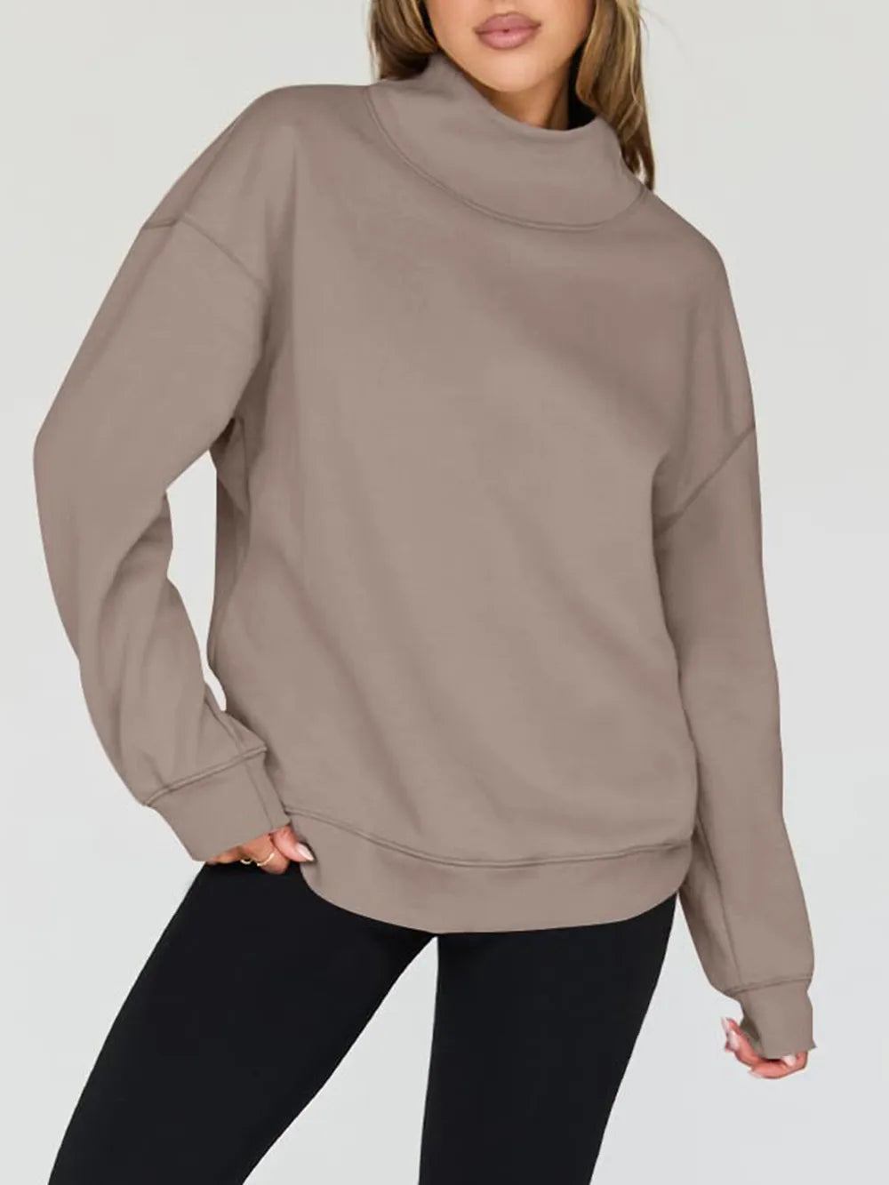 Mock Neck Drop Shoulder Long Sleeve Sweatshirt - Lilixa.store