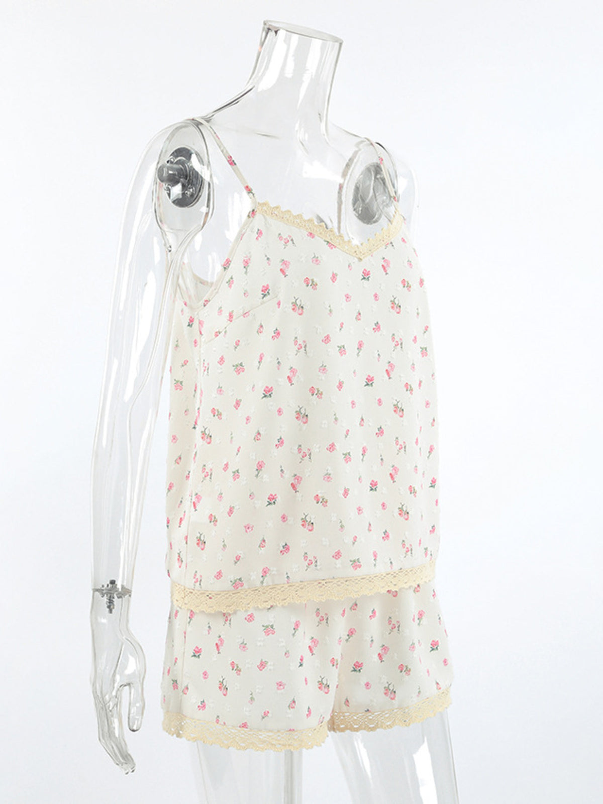 Floral Print Lace Trim Cami and Shorts Set - Lilixa.store