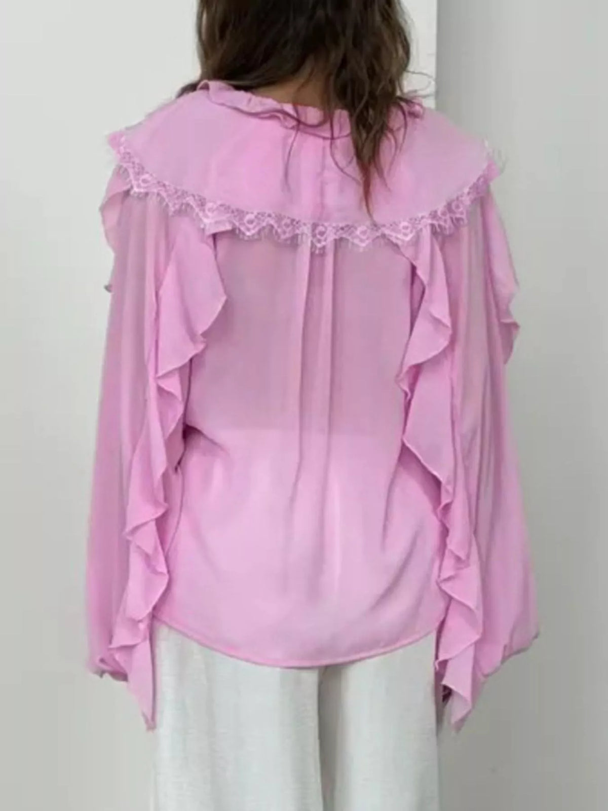V-Neck Ruffled Lace Trim Blouse, view 12