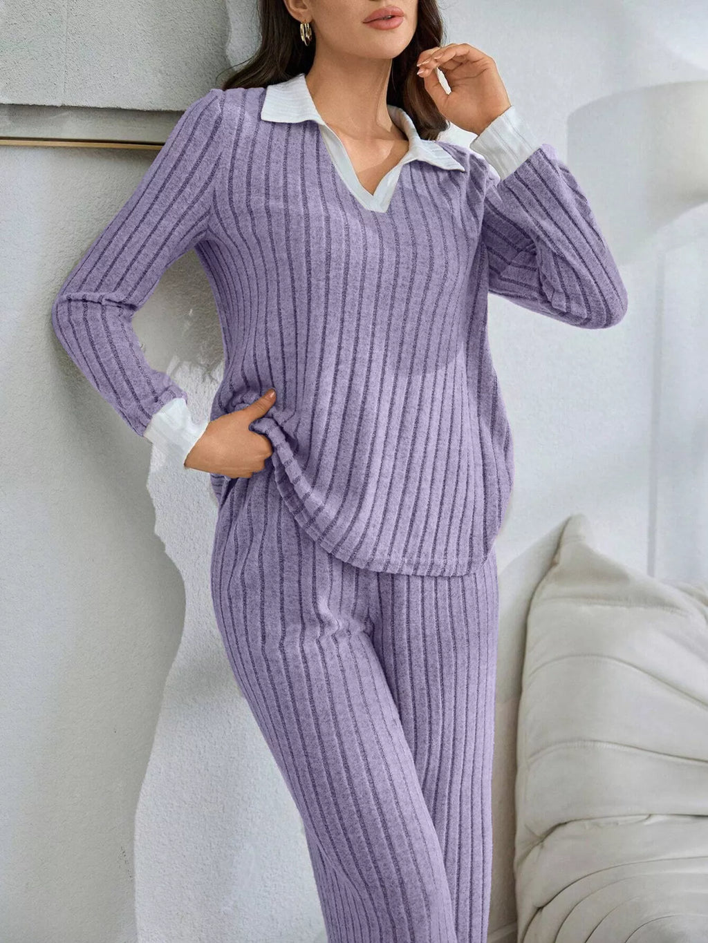 Ribbed Knit Polo Collar Top and Pants Lounge Set - Lilixa.store