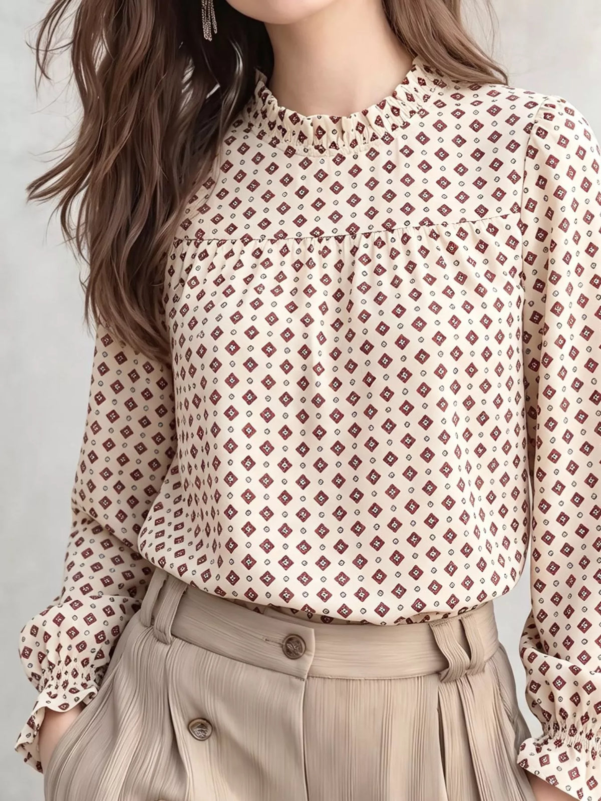 Printed Flounce Sleeve Blouse in Beige