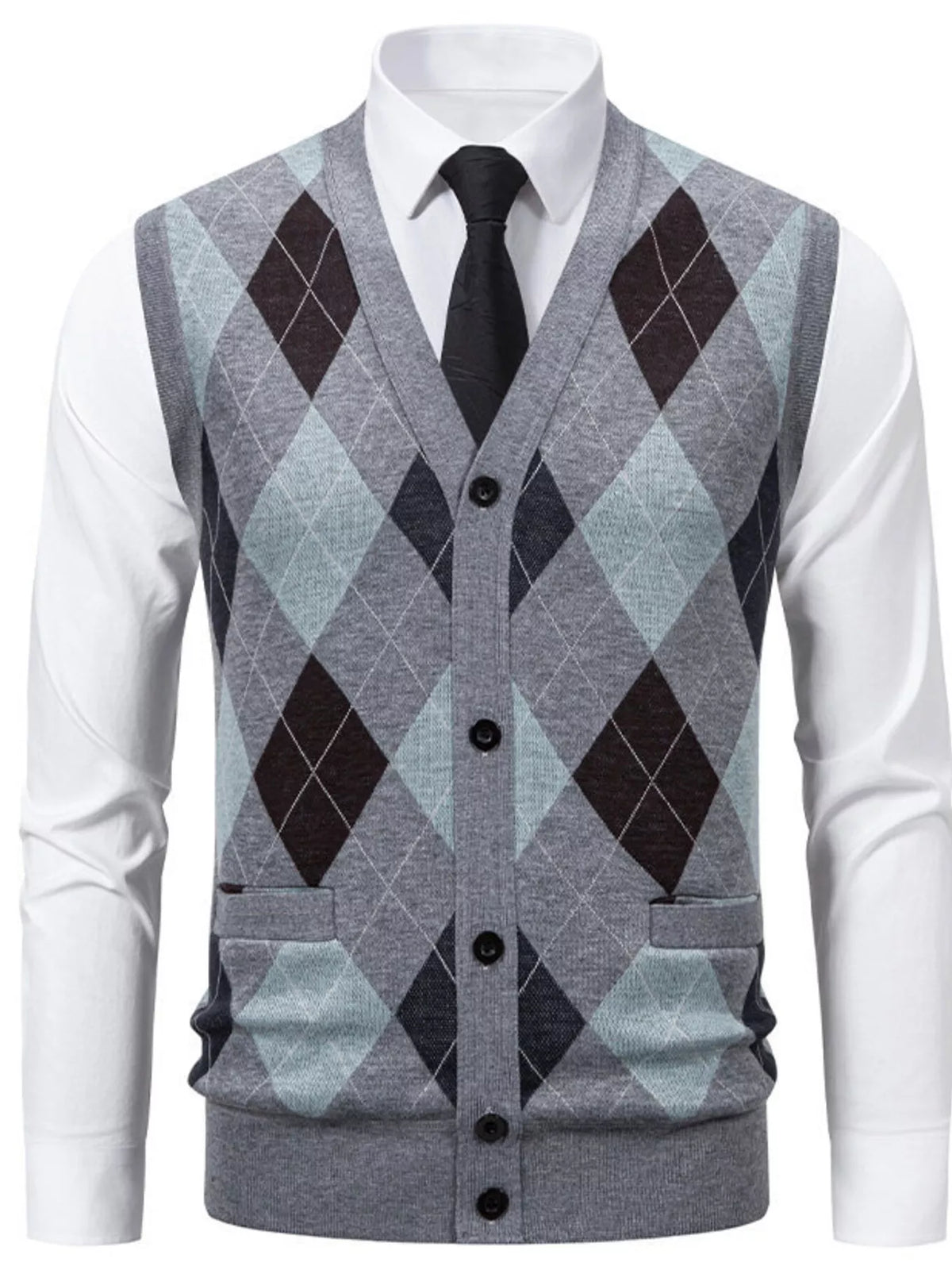 Men's Plus Size Argyle Pattern V-Neck Button-Down Cardigan Vest - Lilixa.store