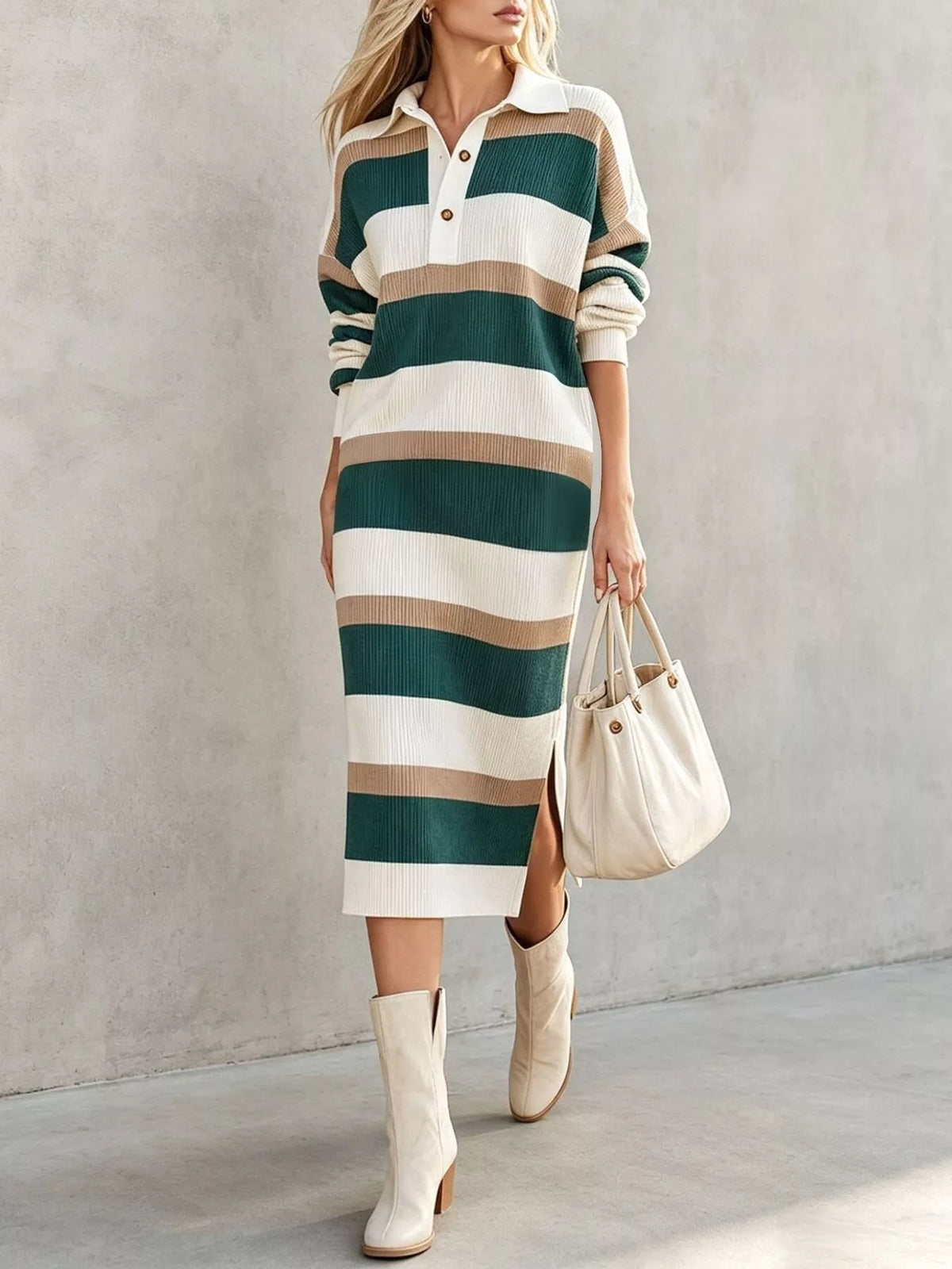 Striped Polo Collar Long Sleeve Sweater Dress
