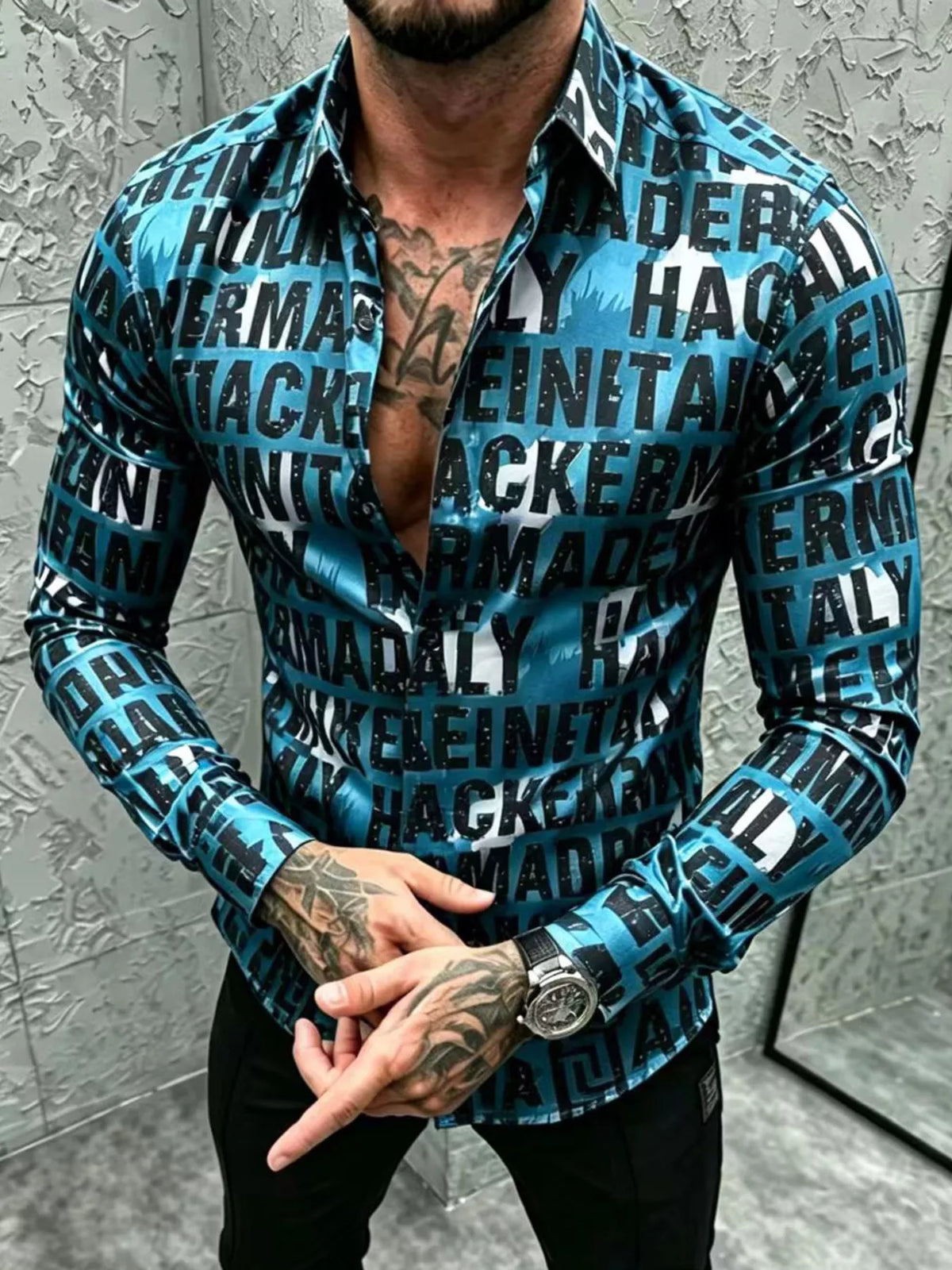 Men's Plus Size Letter Print Slim Fit Long Sleeve Shirt - Lilixa.store