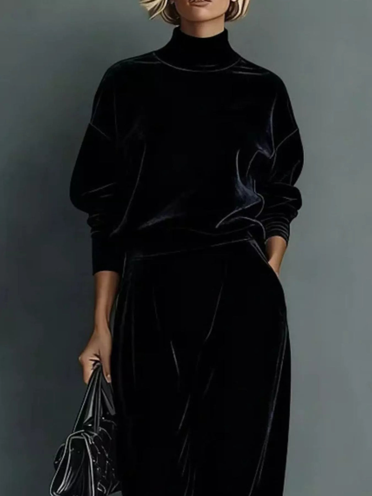 Full Size Elegant Velvet Mock Neck Long Sleeve Top and Wide-Leg Pants Set Plus Size in Black