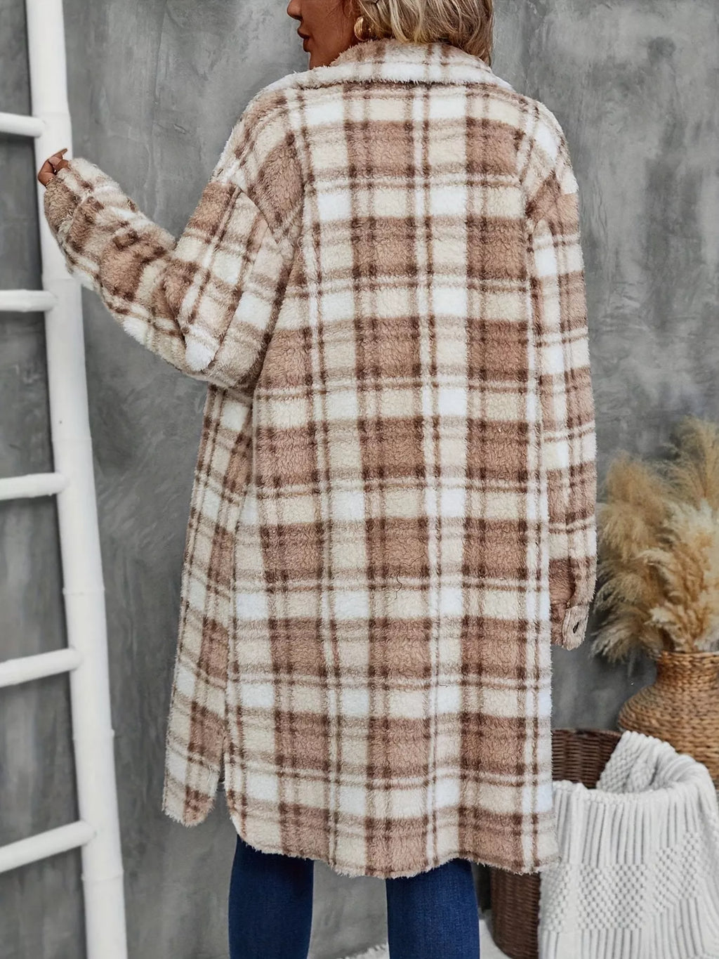 Plaid Fleece Button Up Longline Outerwear - Lilixa.store