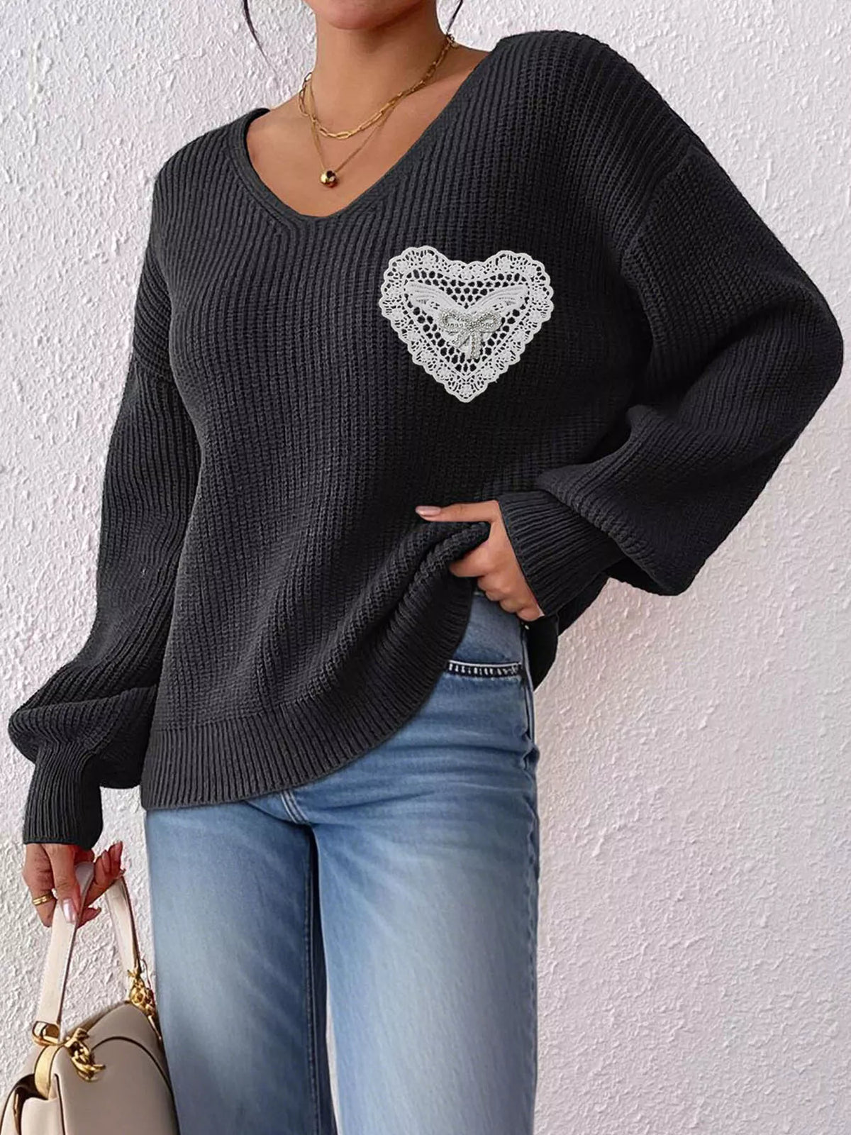 Lace Heart Dropped Shoulder Sweater