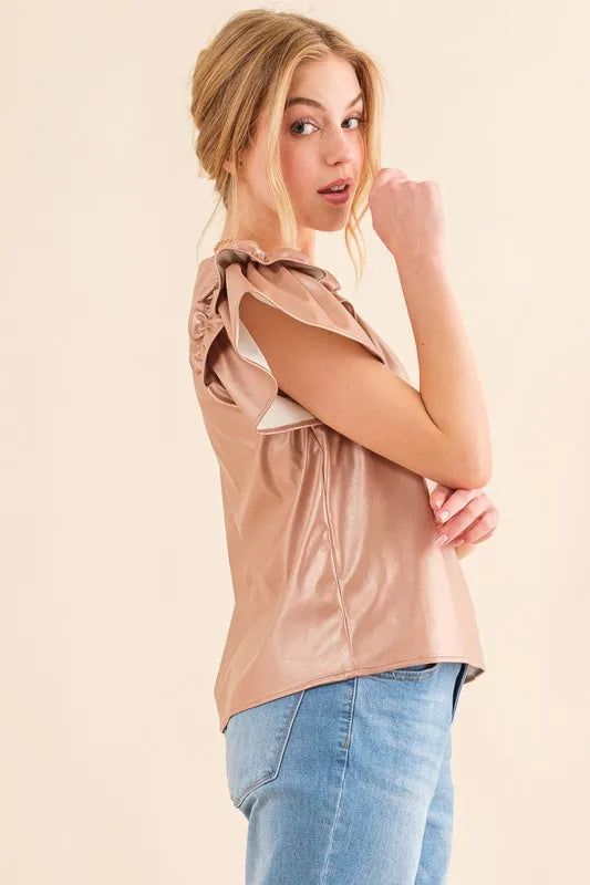 And The Why Faux Leather Ruffle Sleeves V Neck Top - Lilixa.store