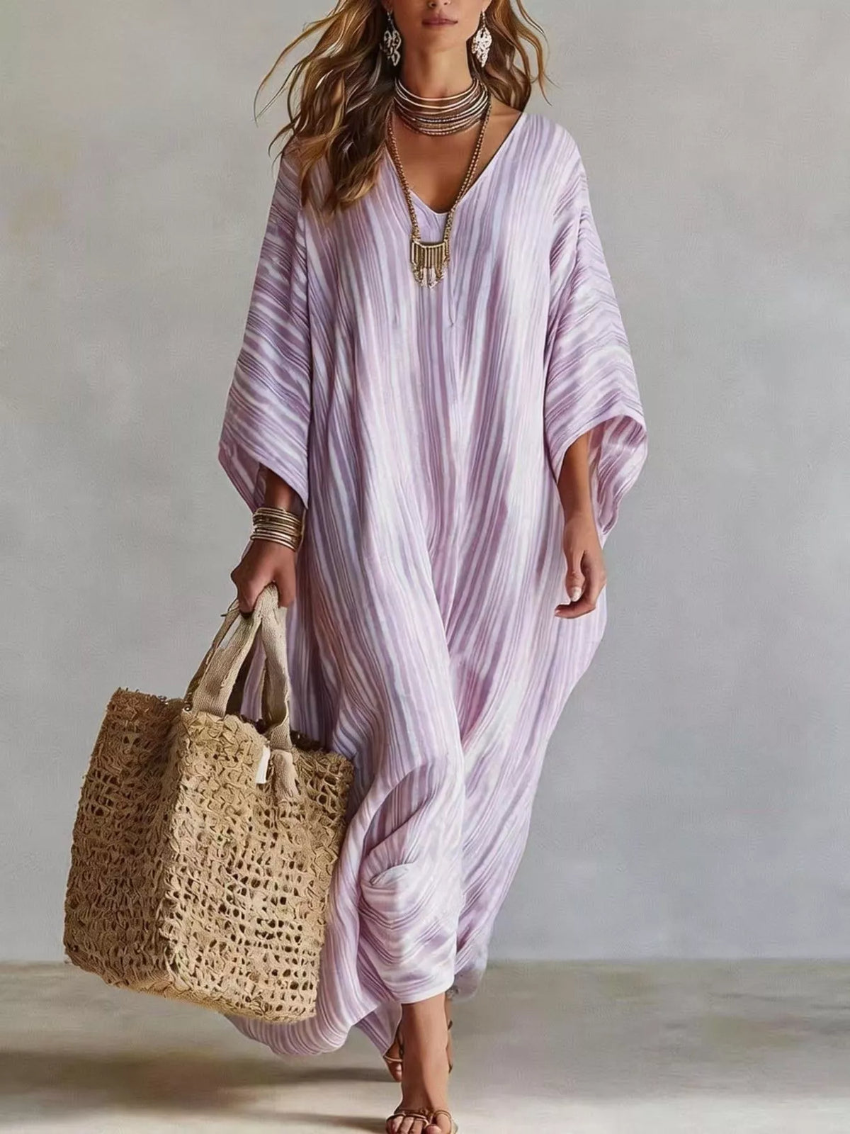 Striped V-Neck Maxi Dress - Lilixa.store