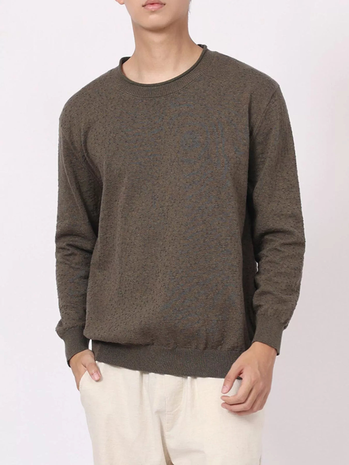 Men's Plus Size Textured Crew Neck Sweater in Olive Brown