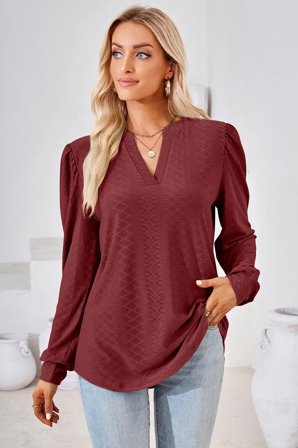 Notched Long Sleeve T-Shirt - Lilixa.store