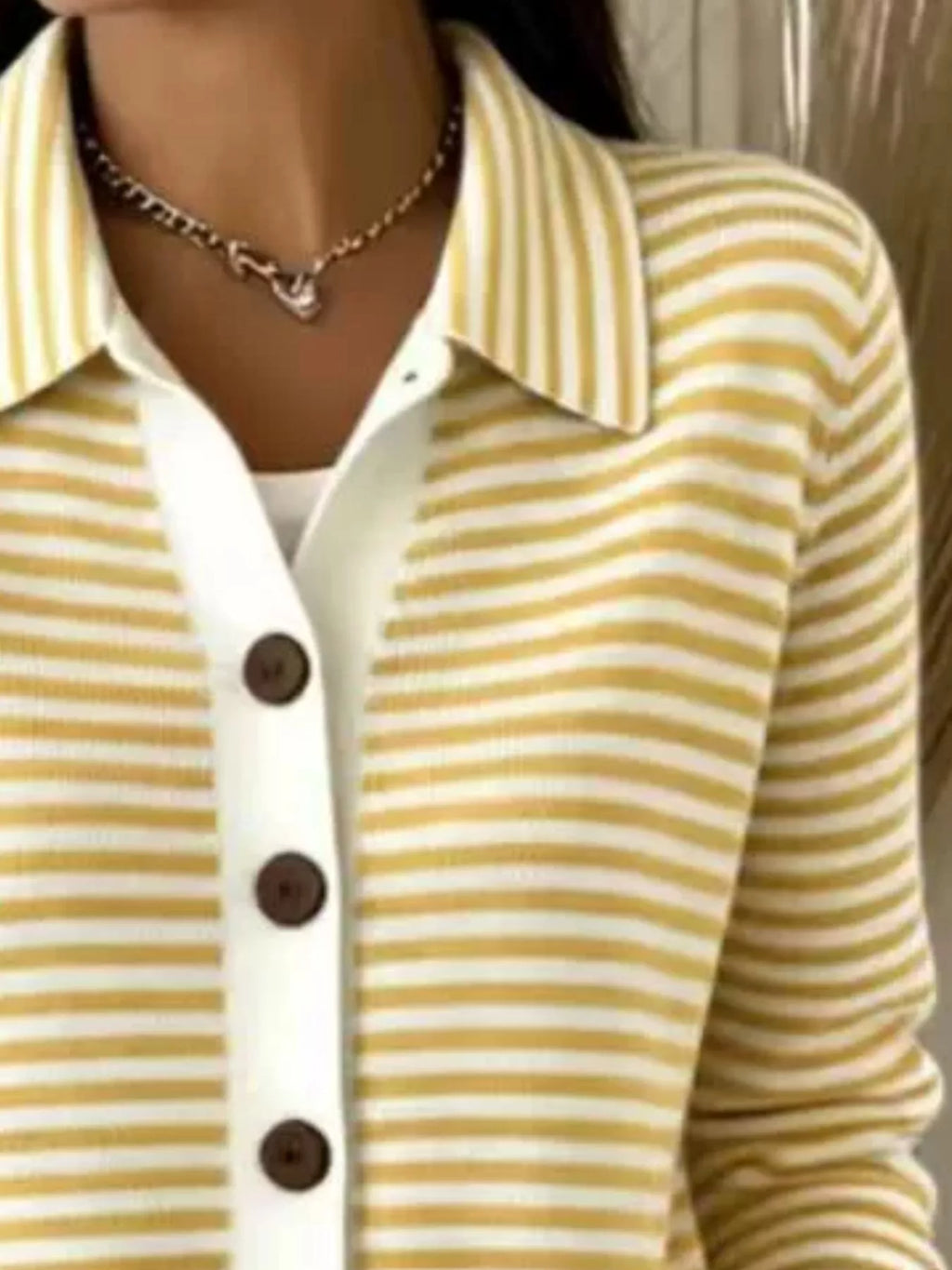 Striped Collared Button-Down Knit Cardigan - Lilixa.store