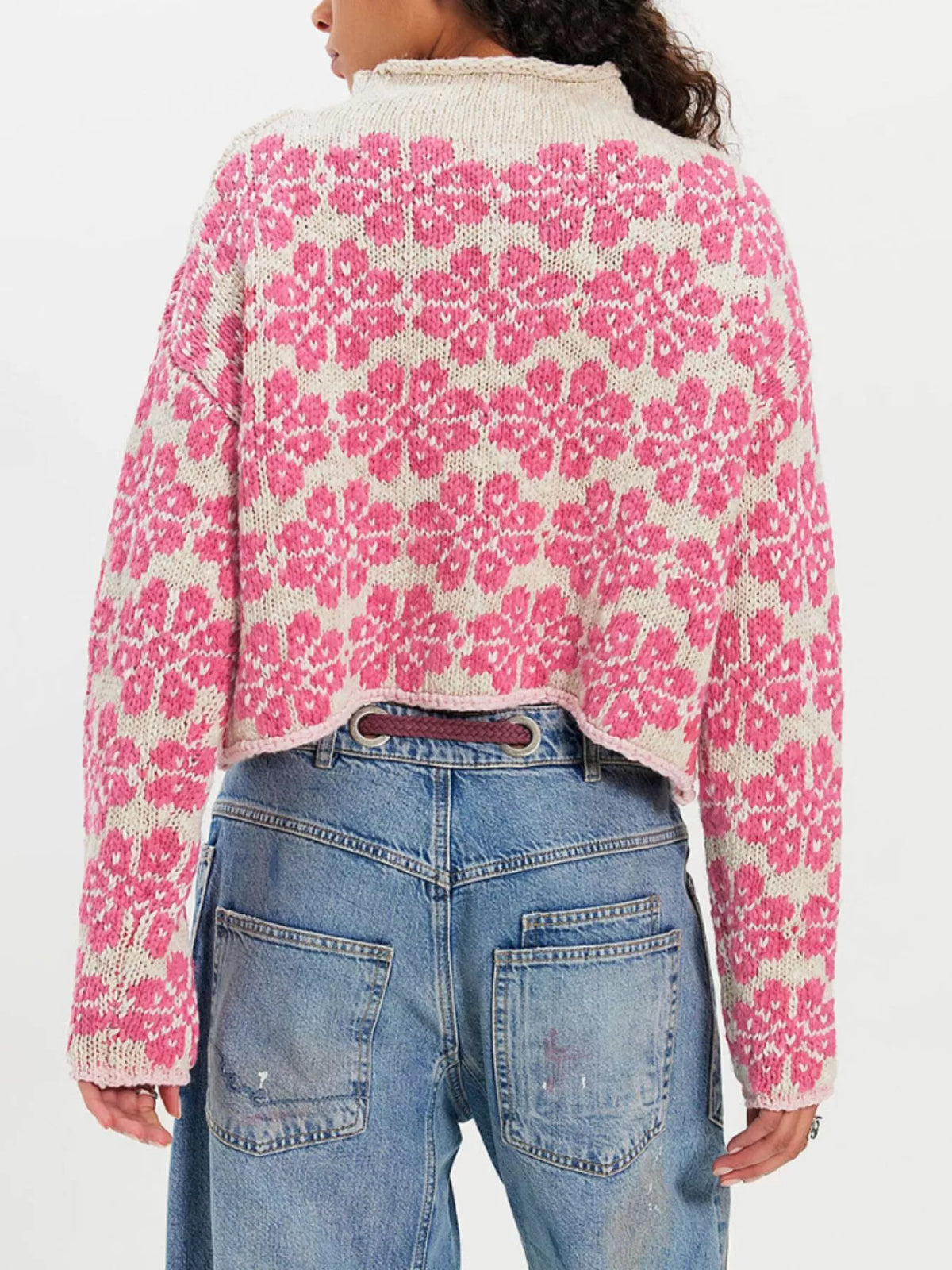 Floral Contrast Trim Dropped Shoulder Sweater - Lilixa.store