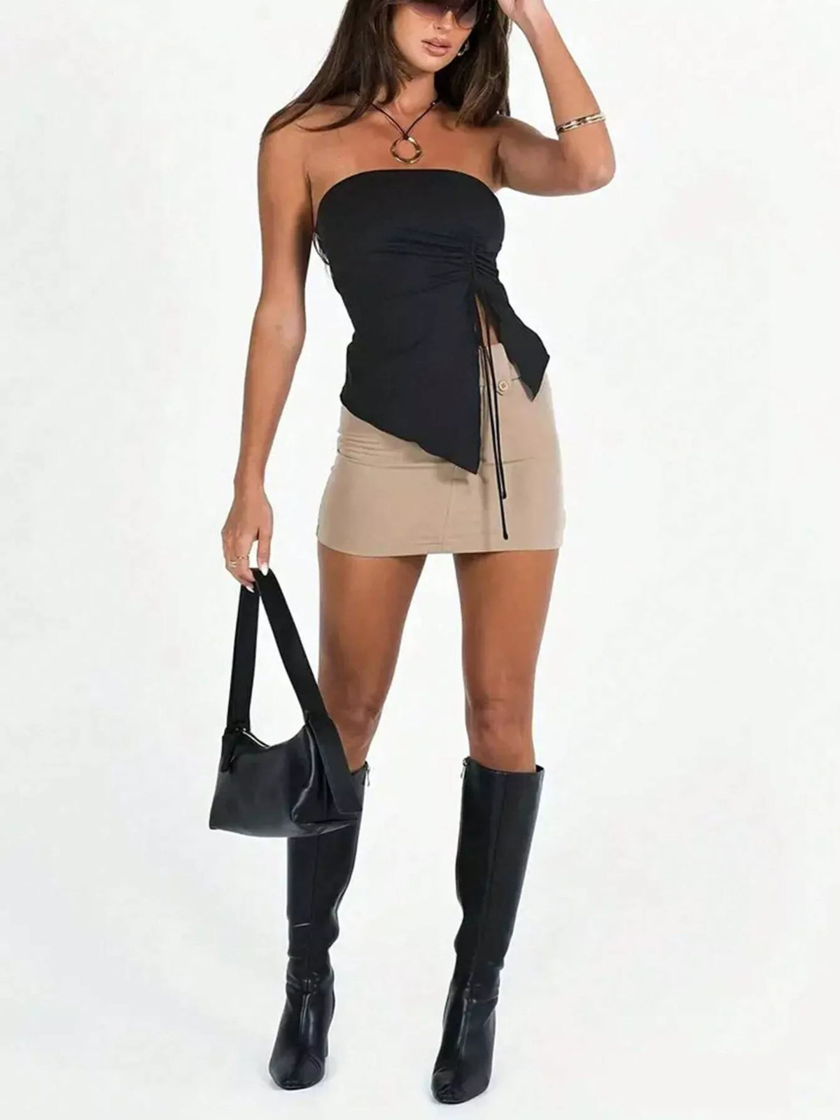 Strapless Ruched Drawstring Cami Top in Black, view 5