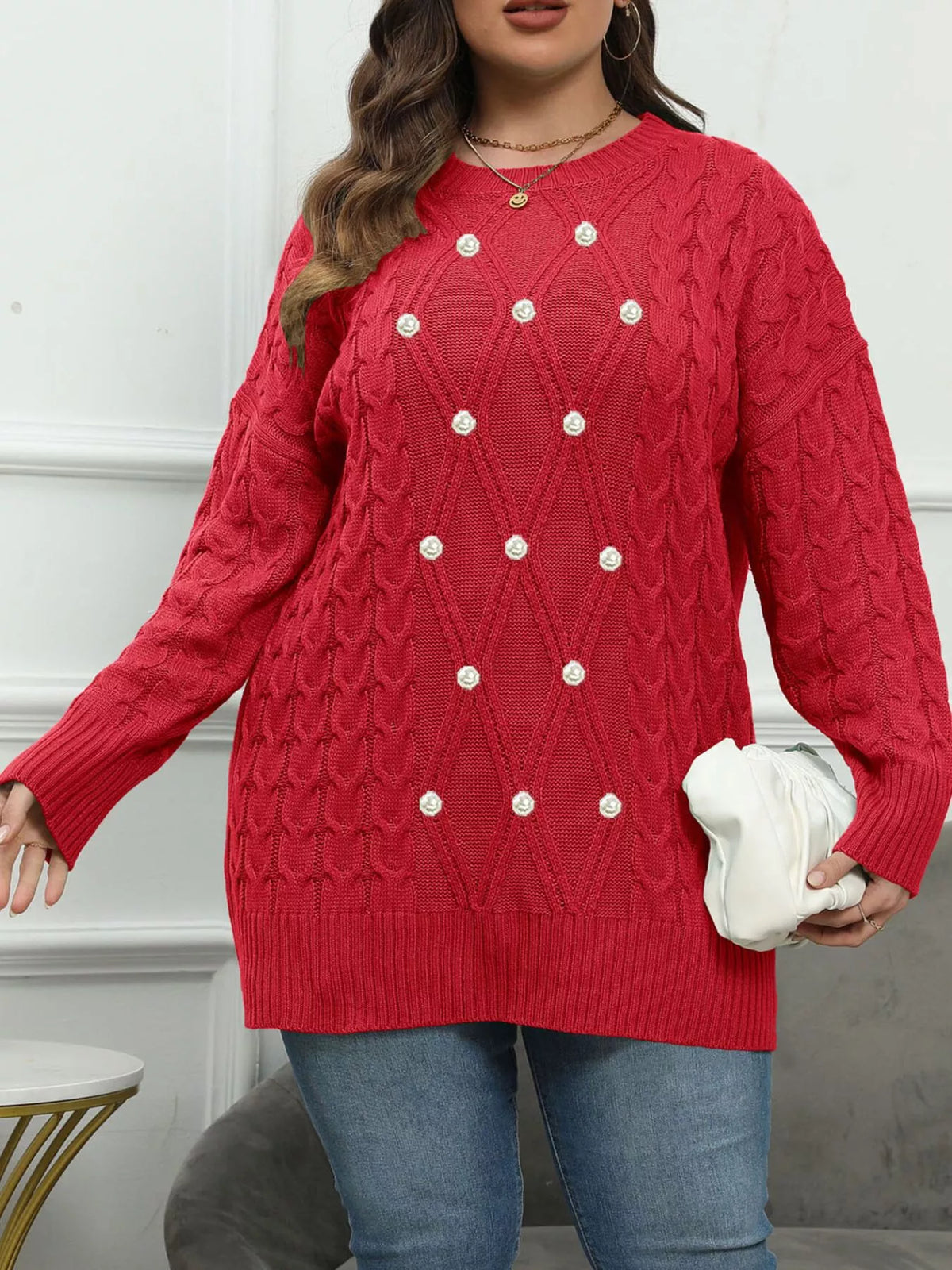 Plus Size Cable Knit Dropped Shoulder Sweater - Lilixa.store