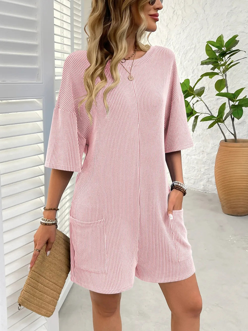 Backless Textured Round Neck Half Sleeve Romper - Lilixa.store