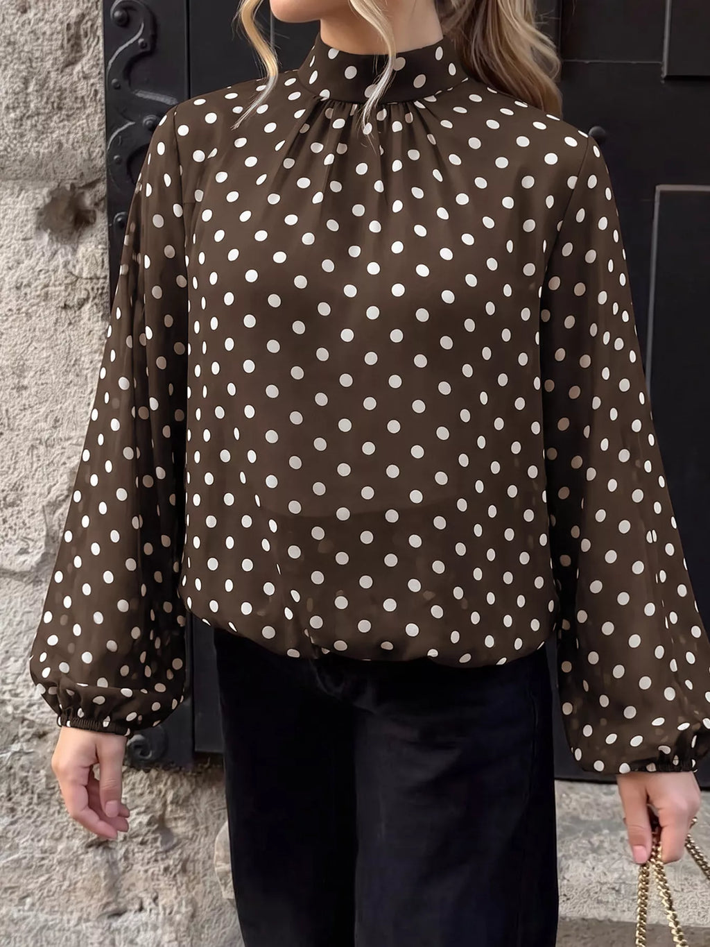 Polka Dot Mock Neck Long Sleeve Blouse - Lilixa.store