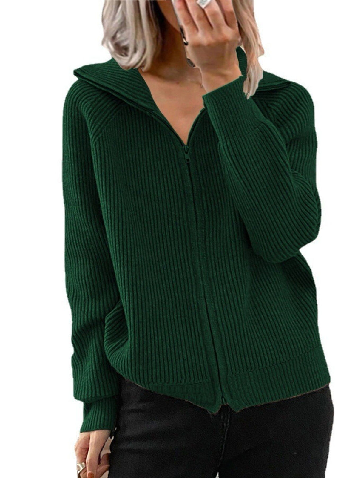 Full Size Ribbed Knit Zip-Up Outerwear Plus Size in Green