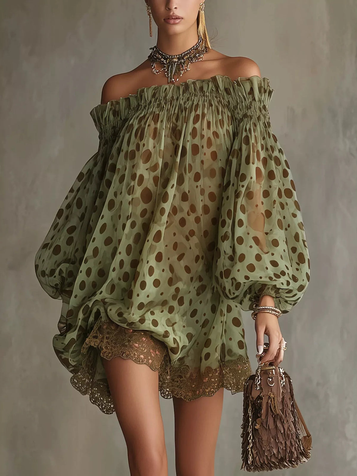 Off-Shoulder Polka Dot Sheer Mini Dress - Lilixa.store