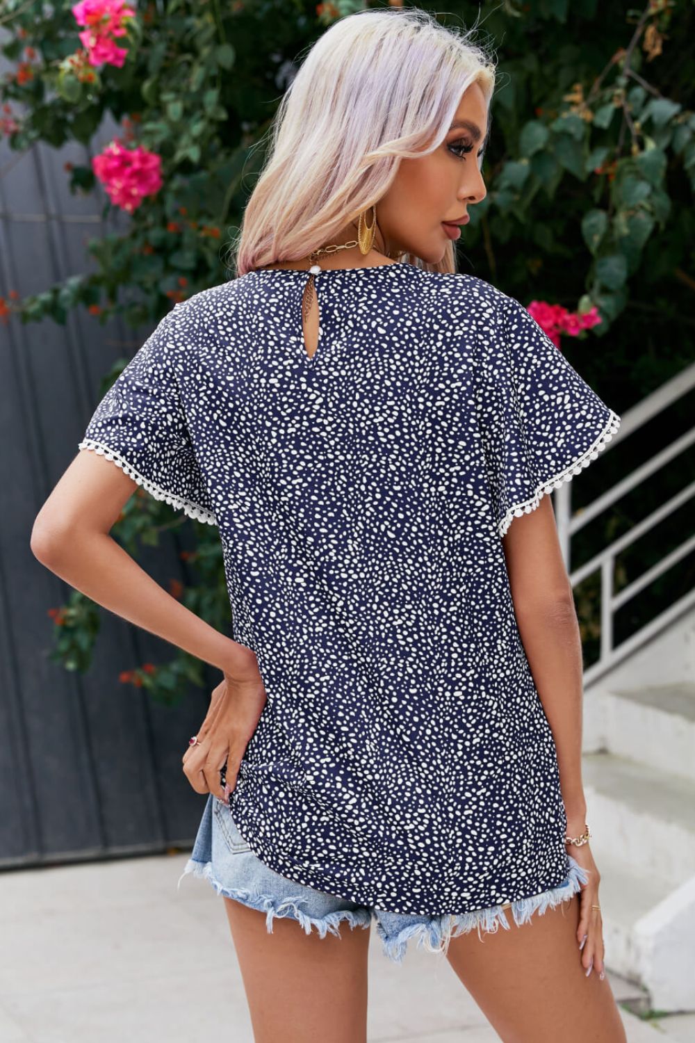 Printed Pom Pom Detail Petal Sleeve Blouse, view 4