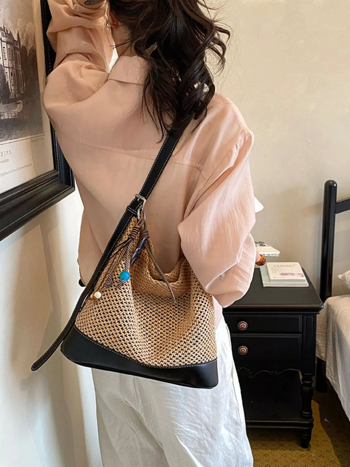 Leather Trim Woven Shoulder Bag