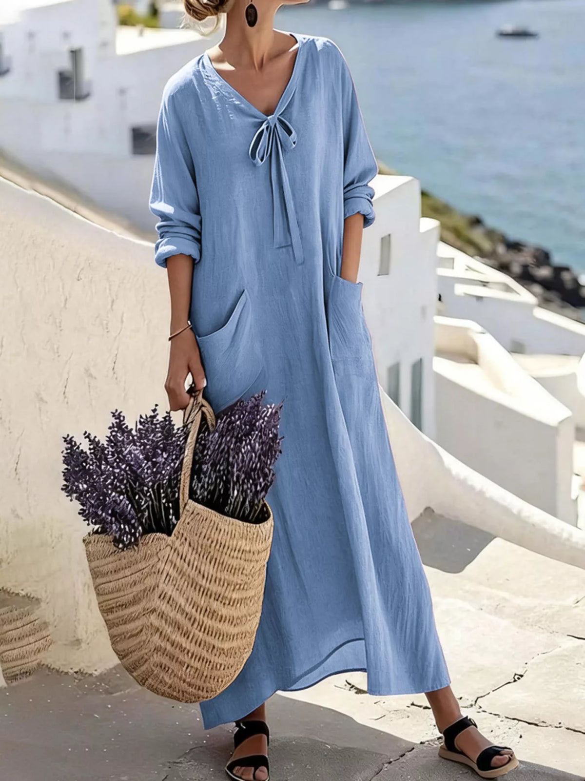 Full Size Long Sleeve Loose Maxi Dress with Pockets Plus Size in Sky Blue