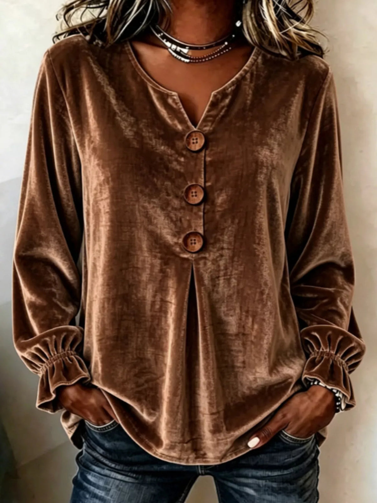 Velvet Flounce Sleeve Blouse - Lilixa.store