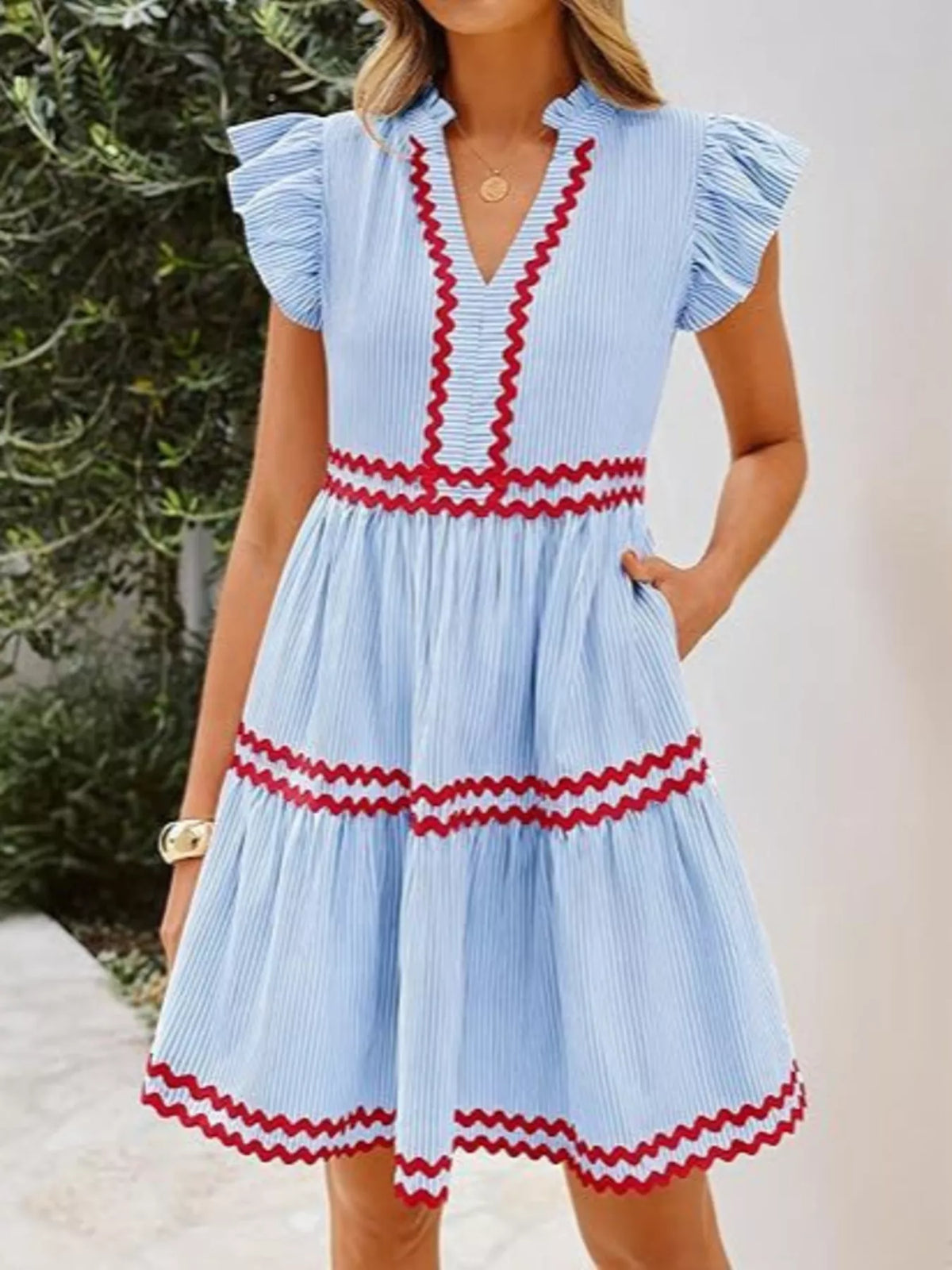 Striped Ruffle Sleeve Tiered Dress in Light Blue