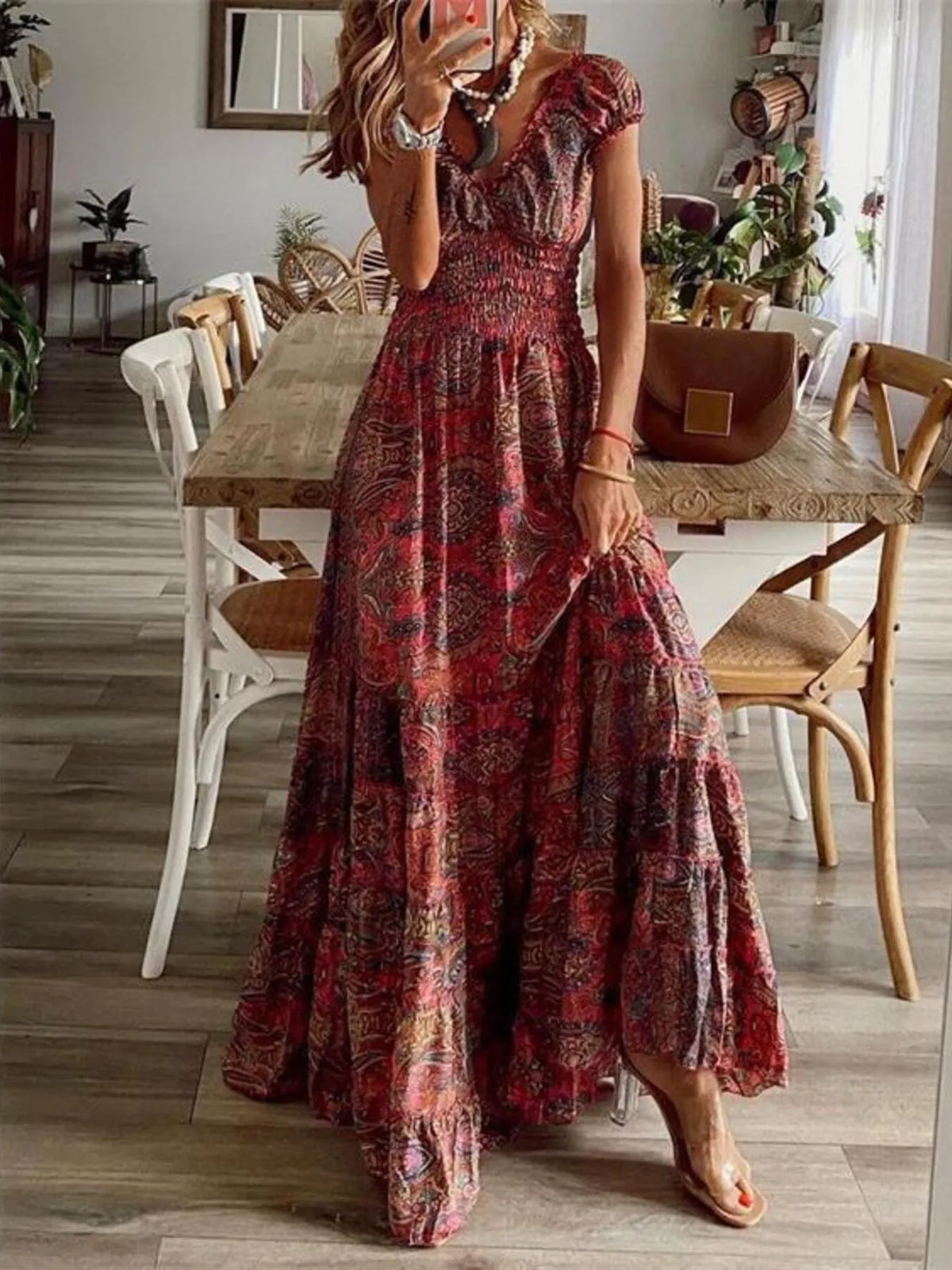 Full Size Paisley Print Cap Sleeve Maxi Dress Plus Size in Burgundy, view 2