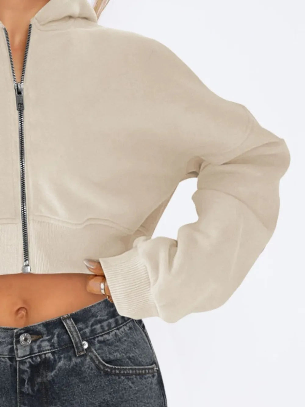 Zip Up Long Sleeve Hooded Cropped Jacket, view 10