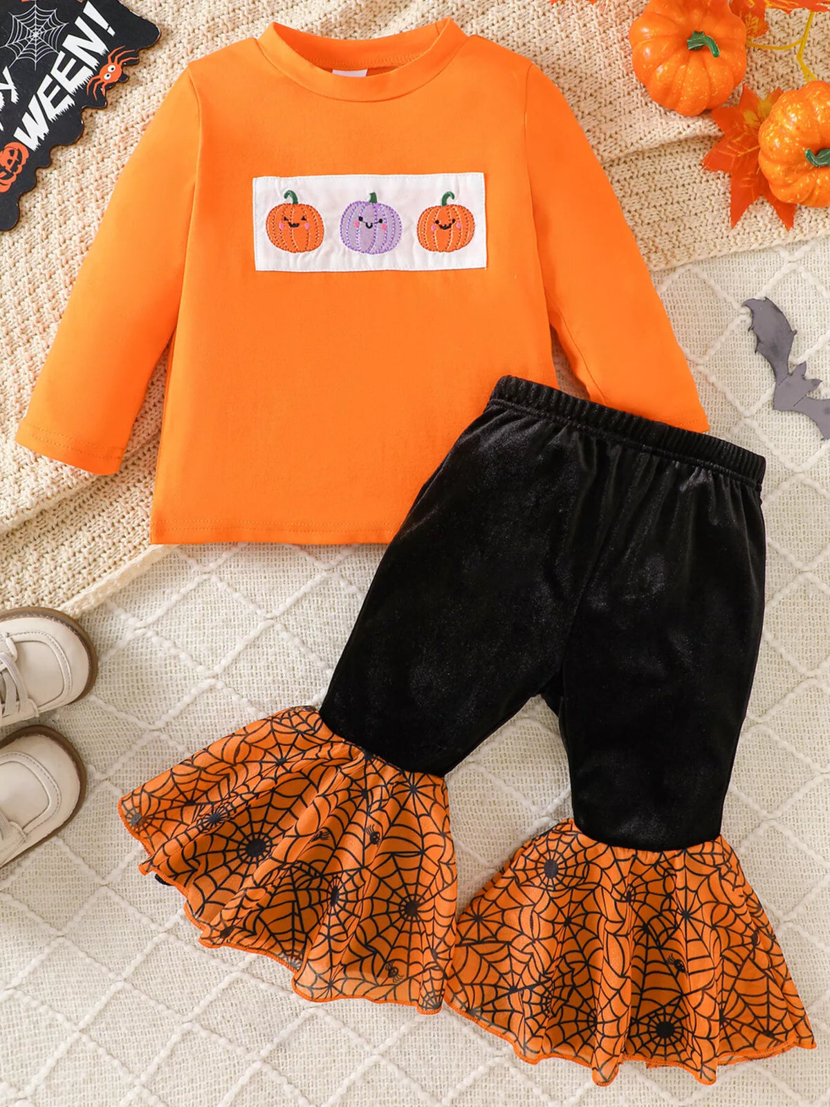 Children's Halloween Pumpkin Long Sleeve Top and Spiderweb Bell Bottom Set - Lilixa.store