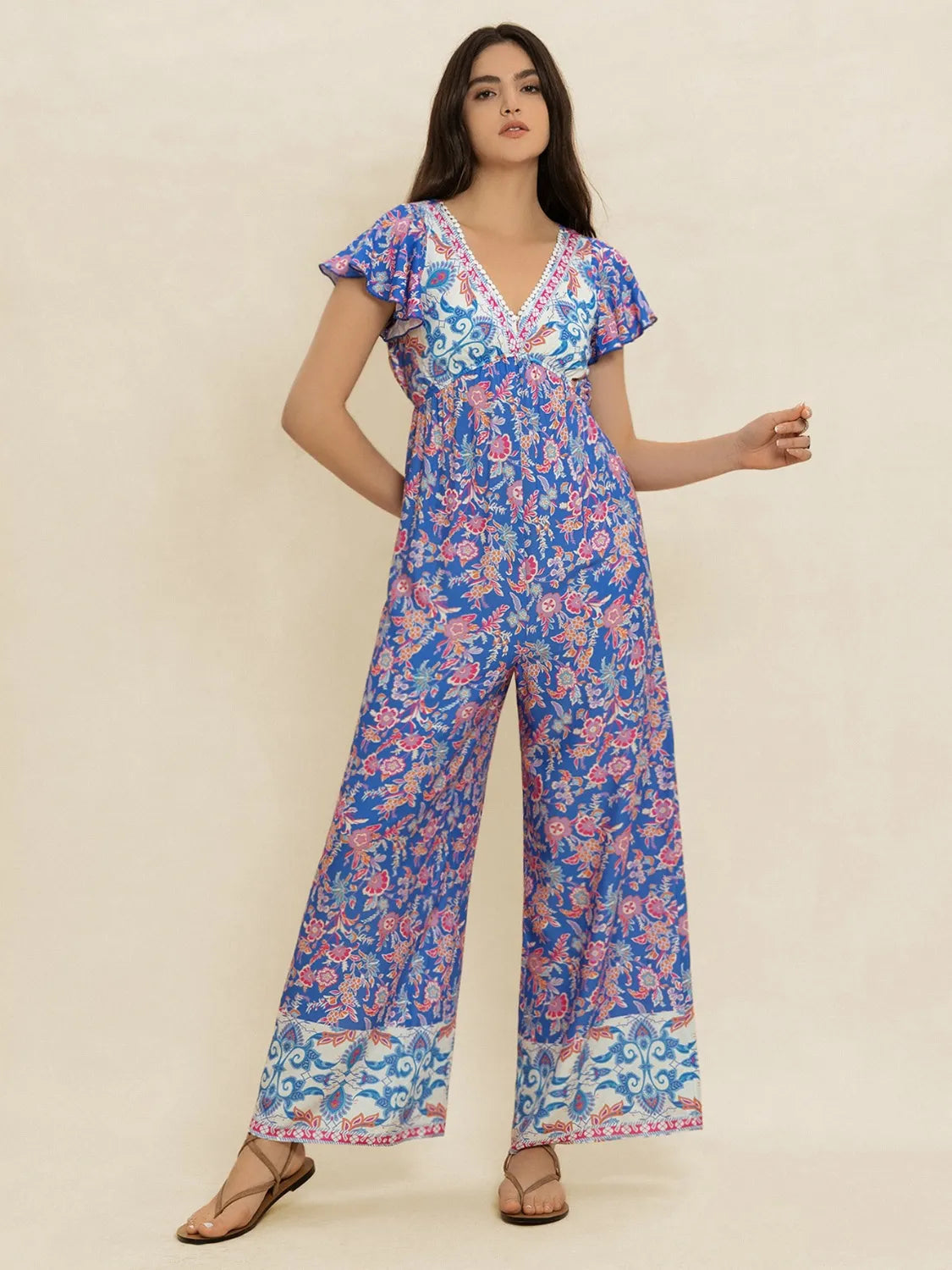 Printed V-Neck Wide Leg Jumpsuit - Lilixa.store