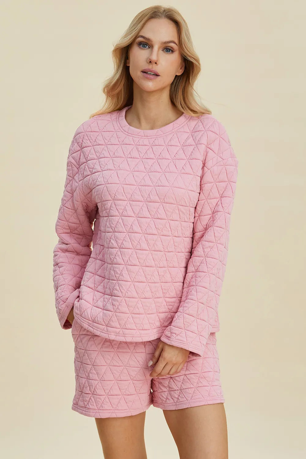 Double Take Full Size Texture Round Neck Long Sleeve Top and Shorts Set - Lilixa.store