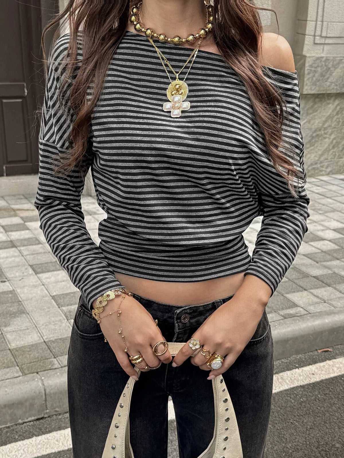 Striped One Shoulder Long Sleeve T-Shirt