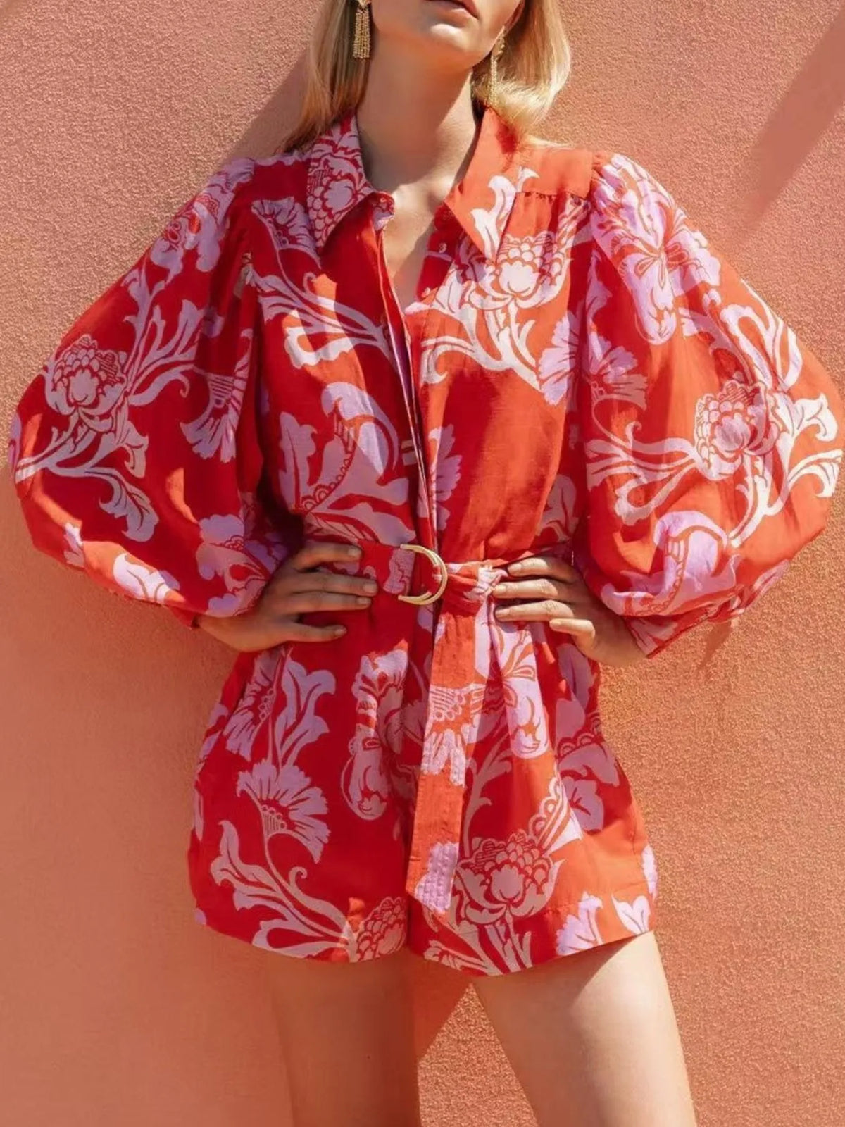 Printed Long Sleeve Belted Romper - Lilixa.store