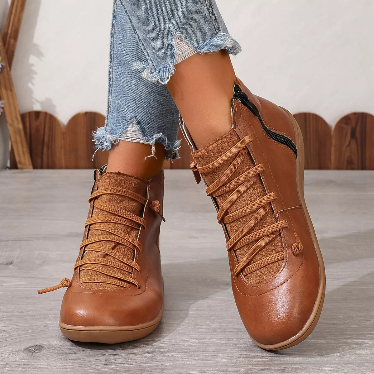 Lace-Up Faux Leather Ankle Boots in Light Brown