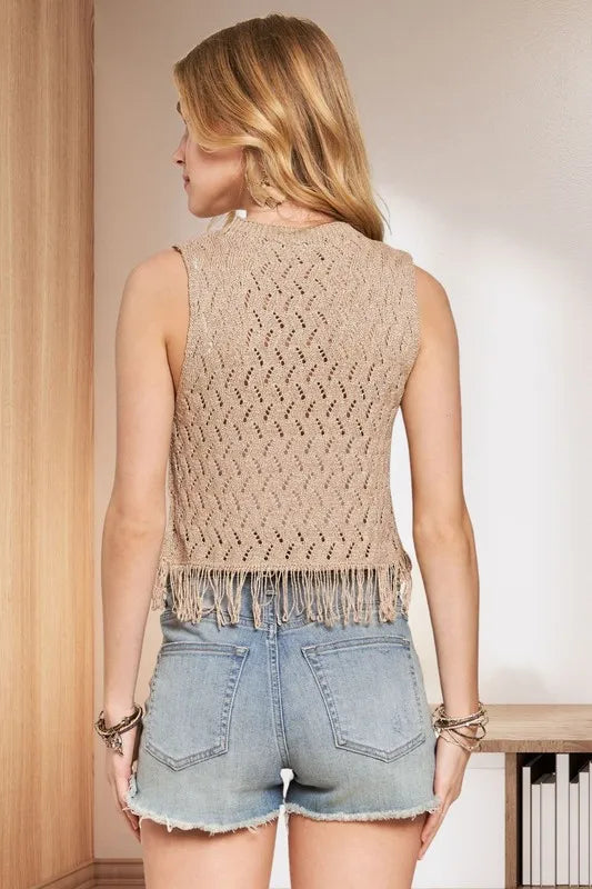 ADORA Fringe Hem Lurex Crochet Vest Top in Beige, view 3
